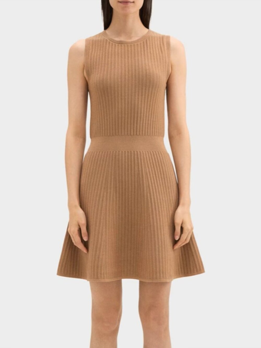 NWT $345 Theory Dark Camel Stretch Ribbed Fit and Flare Knit Sweater Dress S